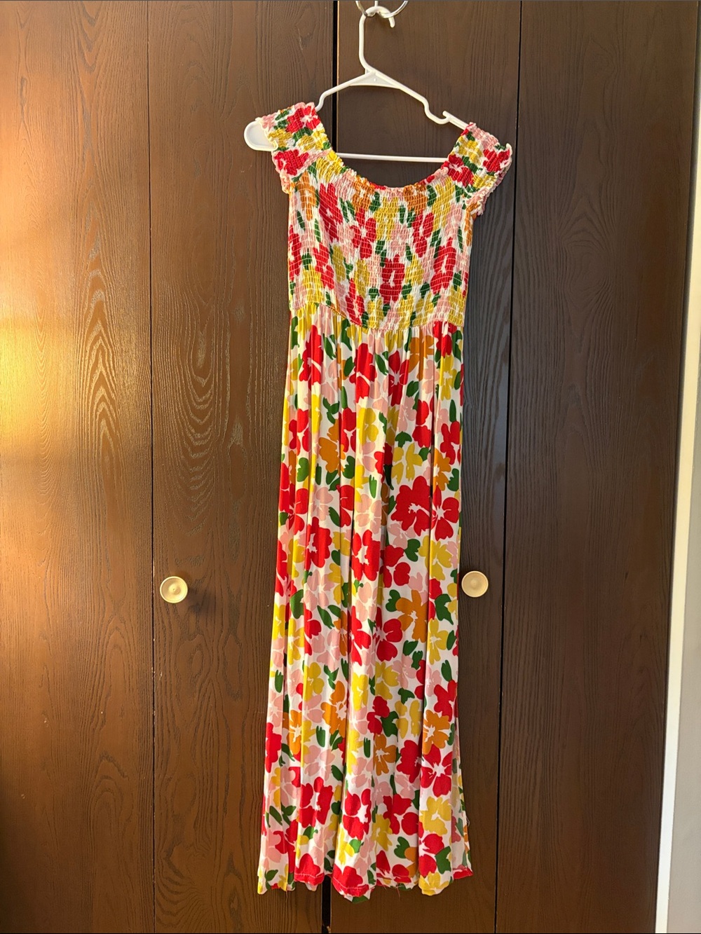Lark & Grey Smocked Floral Maxi Dress in Red, Pink, Gold & Green. Size Large